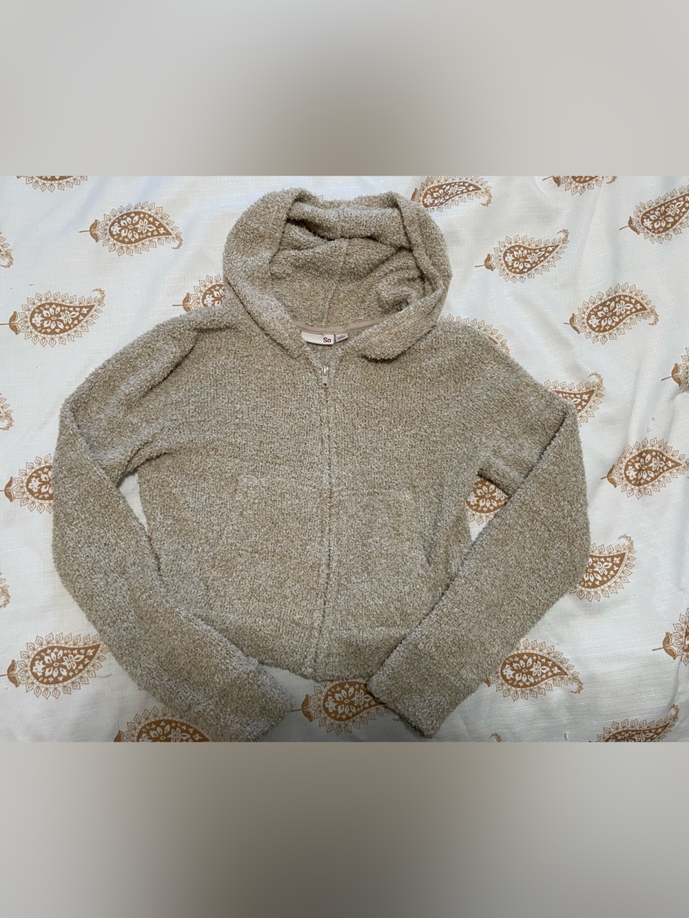 SO Hooded Zip-Up Plush Sweater - Taupe